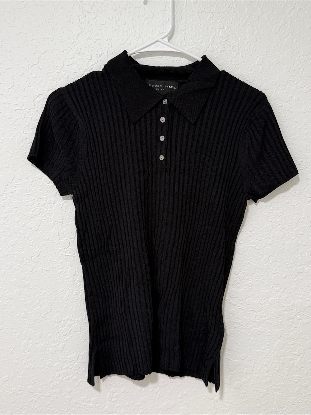 AUGUST SILK KNITS Black Ribbed Short-Sleeve Polo Size Large (runs small)